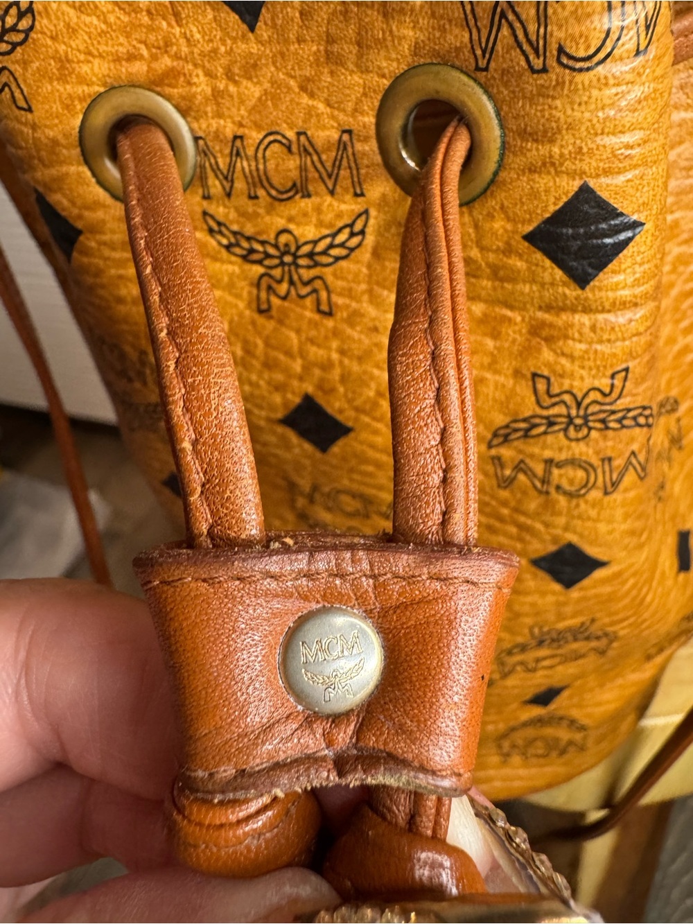 MCM Cognac Visetos Monogram Drawstring Bucket Bag - Picture 6 of 15